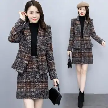 demellier品牌女装毛呢西装短裙套装女2022年秋冬季新款名媛气质咖格m