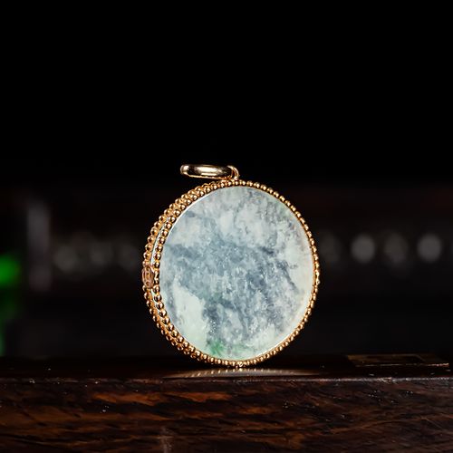 天然a货翡翠平安无事牌吊坠冰种雪花棉圆牌挂坠18k金镶嵌玉女坠子