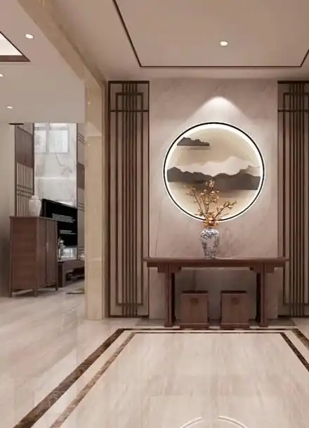 新中式入户端景墙,进门时第一眼就能看到山水和花的场景,心情也就瞬间