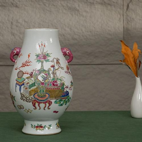 清代粉彩花卉清供图双耳瓶古玩古董收藏客厅办公室瓷器艺术品摆件