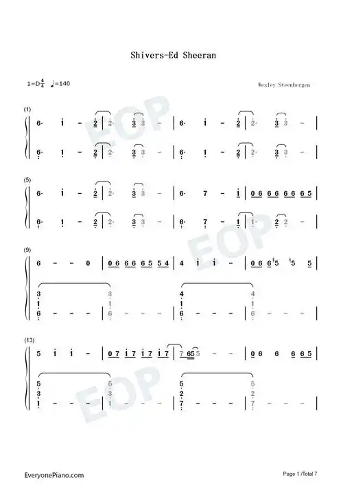 shivers-ed sheeran-钢琴谱文件(五线谱,双手简谱,数字谱,midi,pdf)