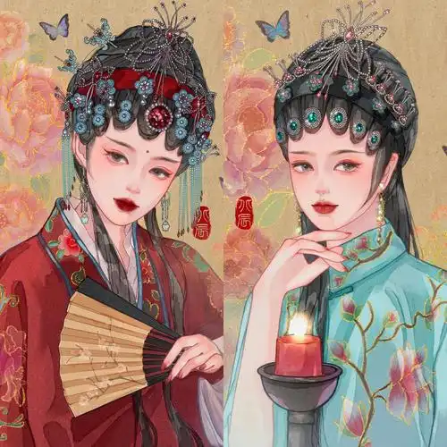 戏曲风国风闺蜜头像cpprocreate水彩画