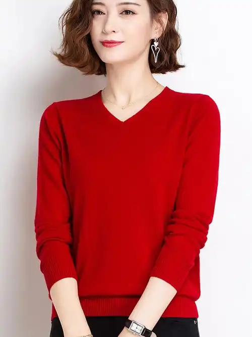 2020年新款100纯羊毛衫女士毛衣秋冬鸡心v领内搭打底宽松针织上衣