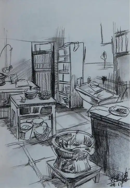 六年级良博同学的 室内一角场景速写作业