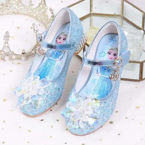 艾莎水晶鞋冰雪奇缘爱莎公主鞋儿秋季童小女孩走秀粗高跟鞋鞋子女