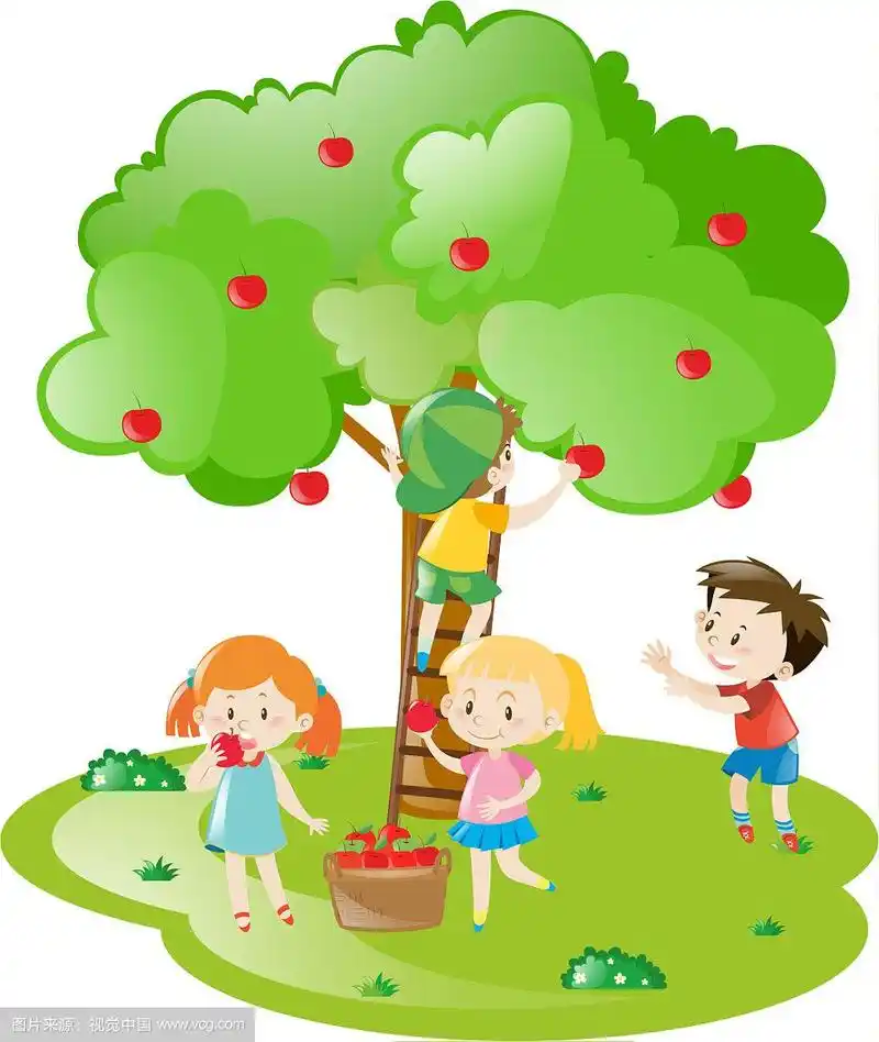 孩子们从苹果树上摘苹果