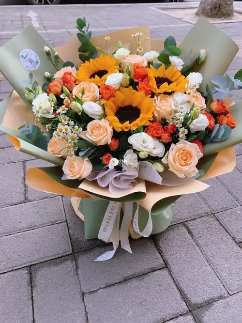 向日葵香槟洋桔梗混搭花束98#娇糖花艺