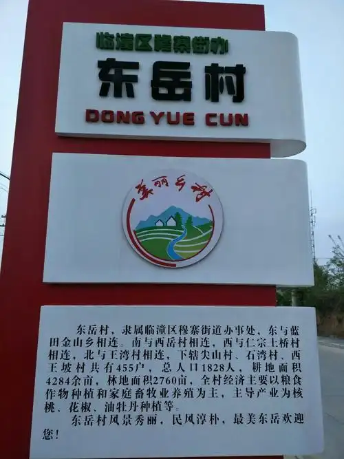 东岳村的新村牌,让你对新村的概况有所了解.