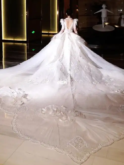 华丽大拖尾重工长袖v领婚纱阜阳婚纱礼服