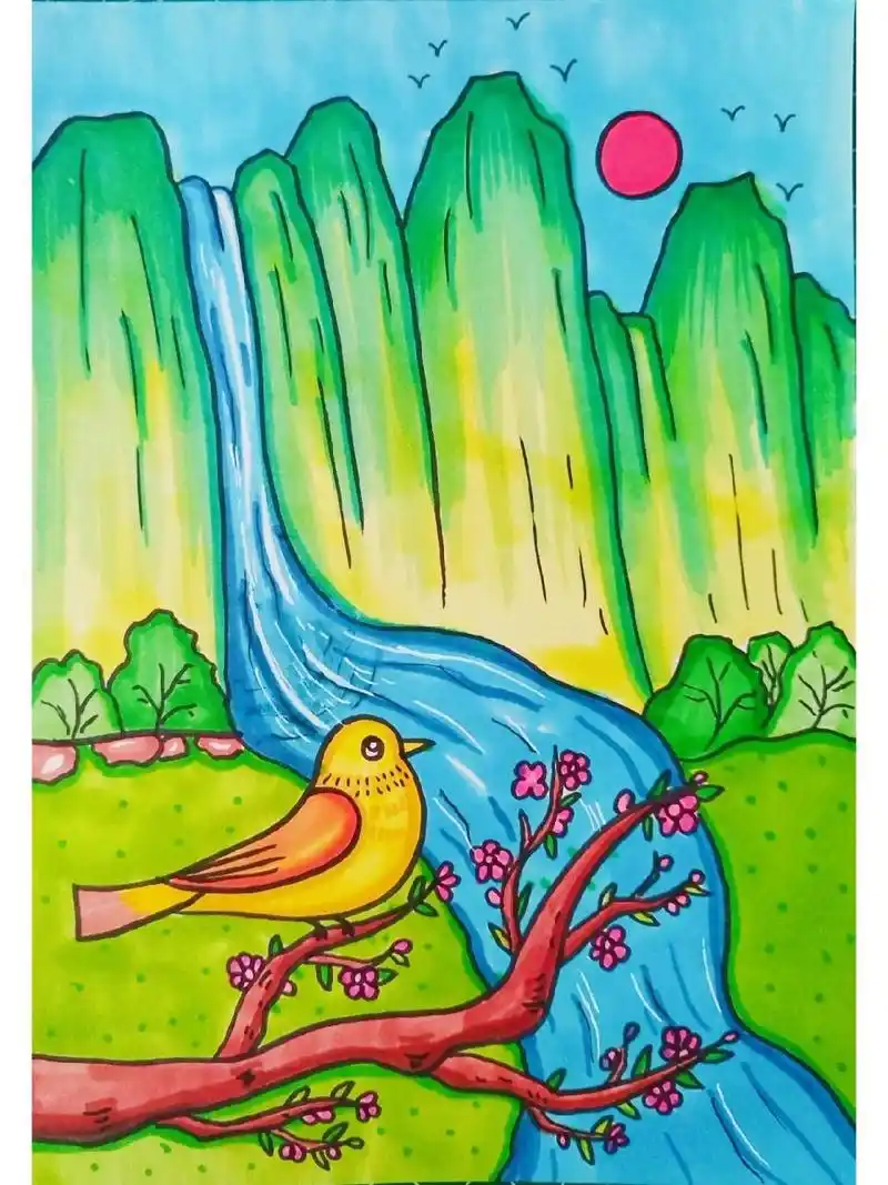 小学古诗《画》诗配画 远看山有色,近听水无声.