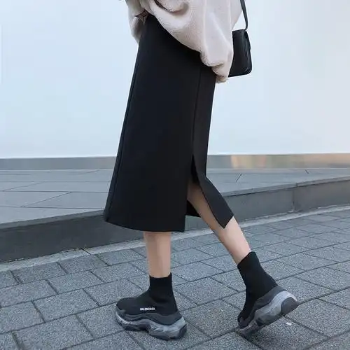 大码春秋半身裙女胖mm黑色开叉包臀裙胖妹妹胯宽大腿粗的裙子