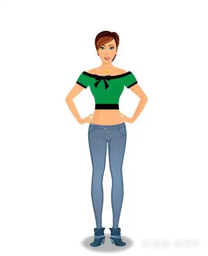 美丽的年轻女子卡通人物在紧身蓝色牛仔裤