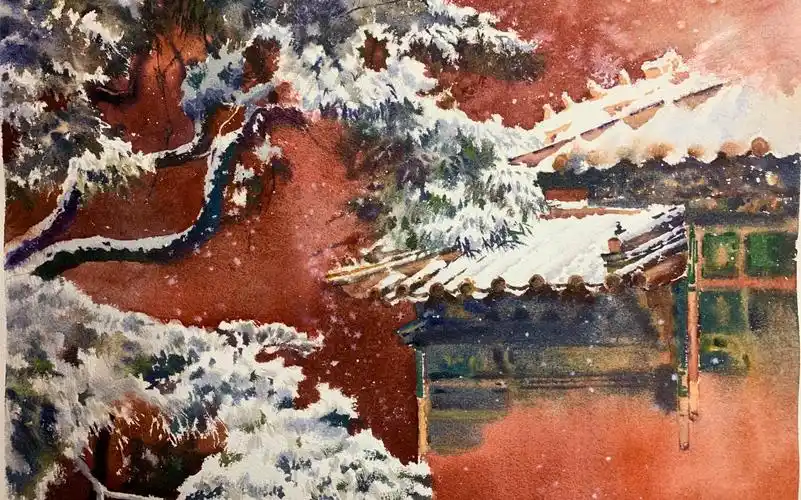 【水彩】金瓦白雪,红墙银衣,美不胜收的故宫