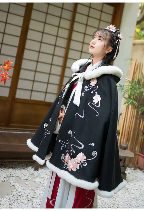 披风中国风毛呢小个子外套古风披肩 a款80cm_黑色小仙女斗篷【常规】