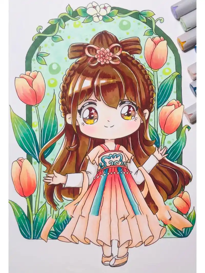 q版动漫|古装服饰手绘|绘画|马克笔|动漫女 马克笔:申内利尔 (色号在