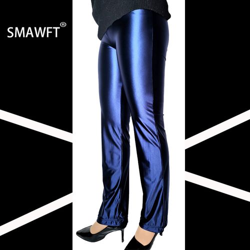smawft弹力面料光泽纯色爽滑直筒健美裤高腰光面舞蹈练功裤(蓝色)