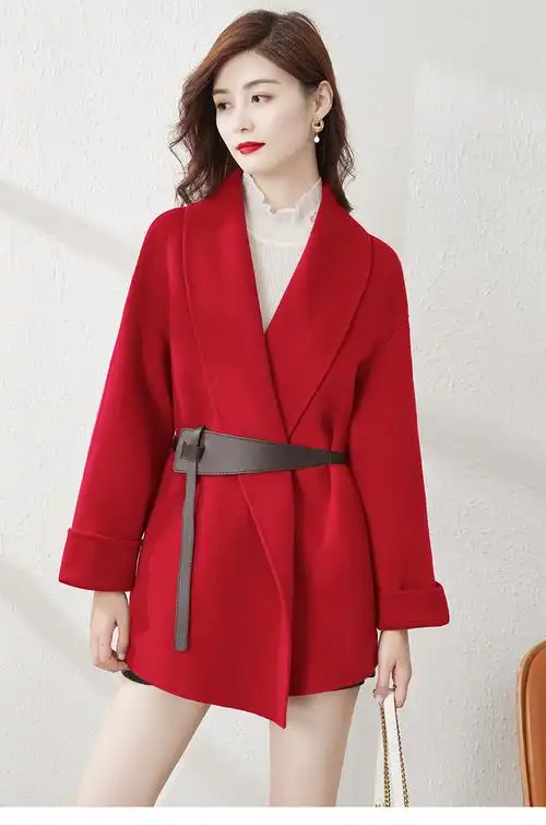 南极人高端双面羊绒大衣女腰带中长款2020冬新款毛呢橘色双面呢斗篷