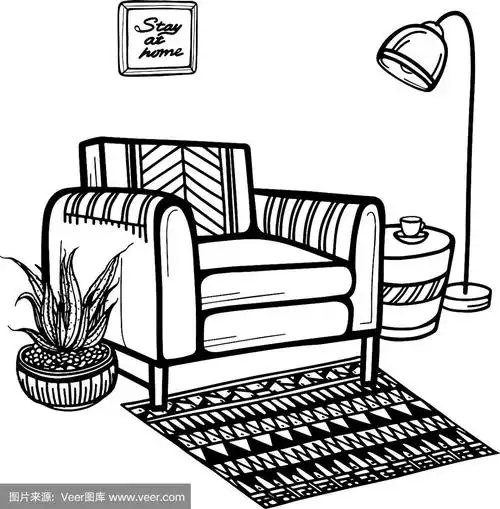 现代风格的客厅.手绘矢量插图在涂鸦风格.房间的设计是线性的.