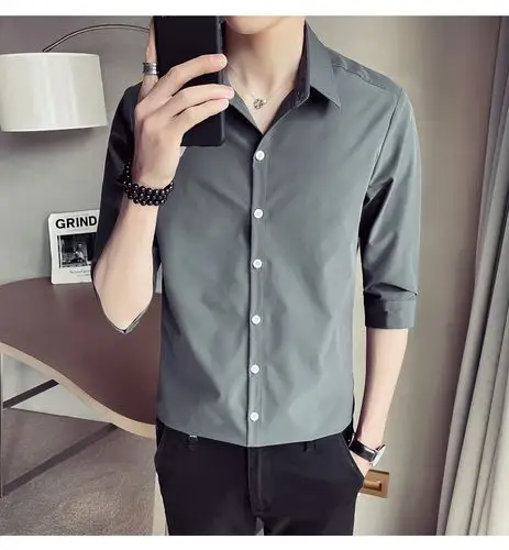 2020夏季新款男士纯色英伦中袖衬衫修身免烫薄款五分袖衬衣百搭潮