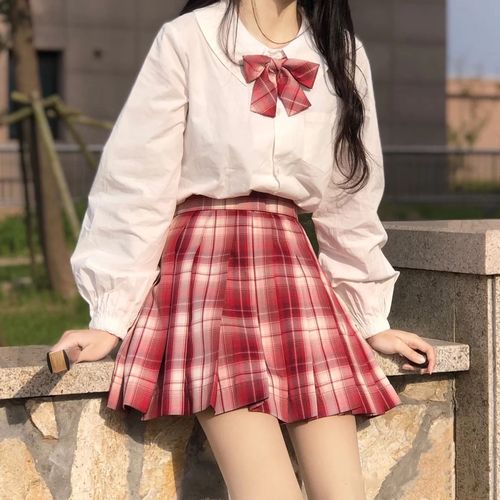 家】奶油草莓格裙半身百褶裙粉色提花jk制服原创短长春夏季已售0