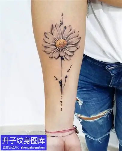 小女生手臂内侧黑灰向日葵纹身图案