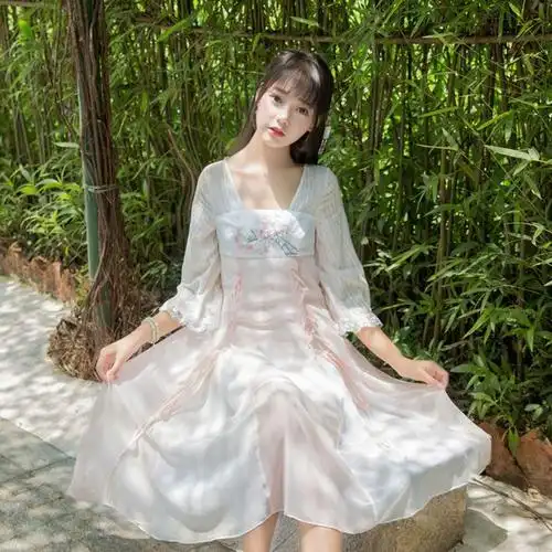 卿汝玥秋新款原创汉元素改良抹胸襦裙刺绣拼接交叉绑带喇叭连衣裙