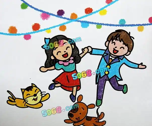 快乐的跳舞儿童蜡笔画图片大全