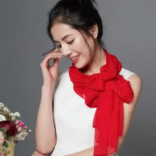 中国红纱巾大红色丝巾围巾女百搭春秋中国红秋冬季披肩纯长款纱巾黑色