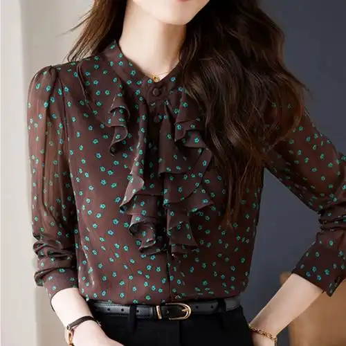 2023秋季气质衬衣职场轻熟风女装新款长袖荷叶边雪纺衬衫上衣法式