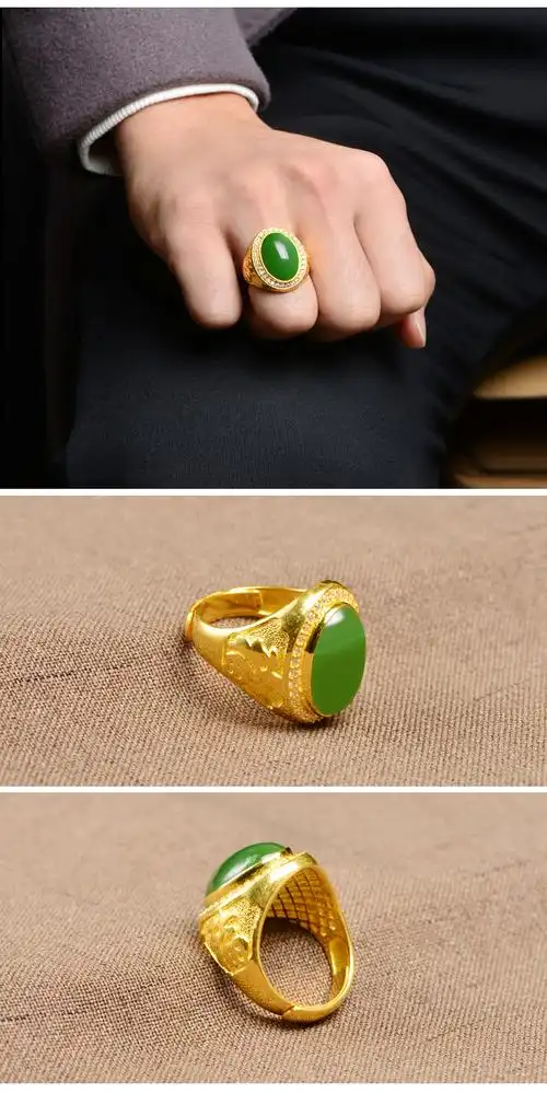 老凤凰黄金戒指和田玉男款足金镶玉男戒真金碧玉珠宝玉石首饰戒指黄金