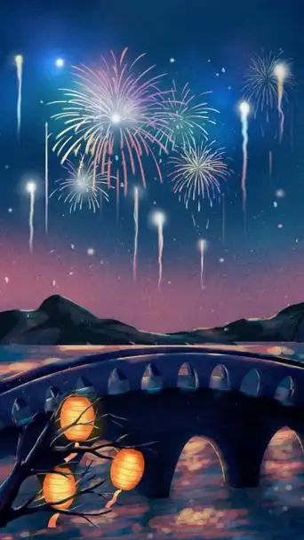 手绘唯美节日烟花夜景海报