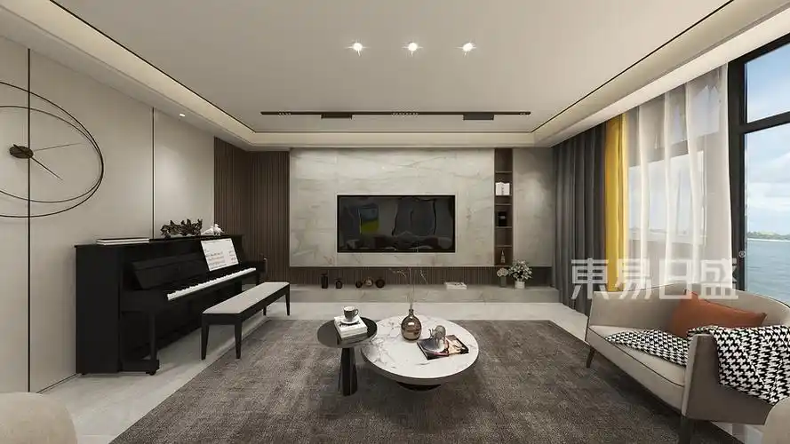 4客厅电视背景墙采用木制格栅与钢琴那面墙相呼应岩板的背景墙设计加