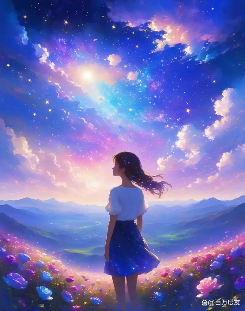 花海星空下的白衣少女——cg插画展现梦幻视界!