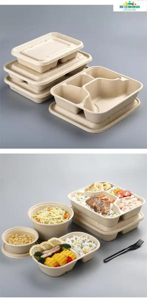 一次性四格打包盒可降解三五六格餐盒外卖快餐饭盒分格环保纸浆 甘蔗