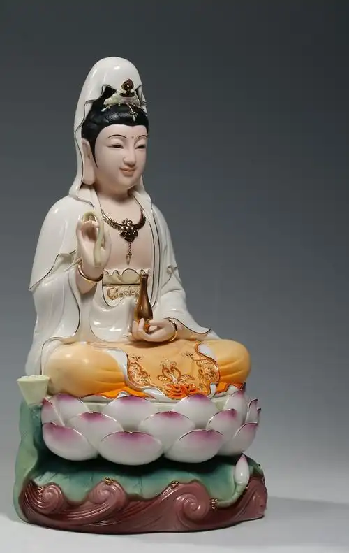 微美陶瓷12至18吋三莲观音笑脸观音佛像供奉家用观世音菩萨摆件彩绘蓝