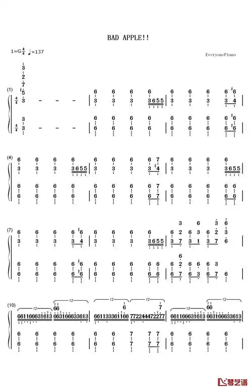 bad apple!钢琴简谱-数字双手-东方project1