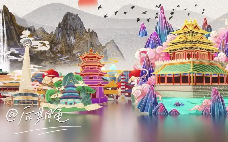 中国国潮传统卡通国风汉服走秀表演舞台大屏