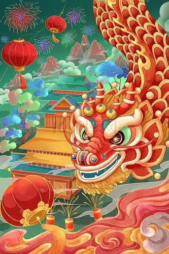 二月二龙抬头舞龙喜庆手绘插画