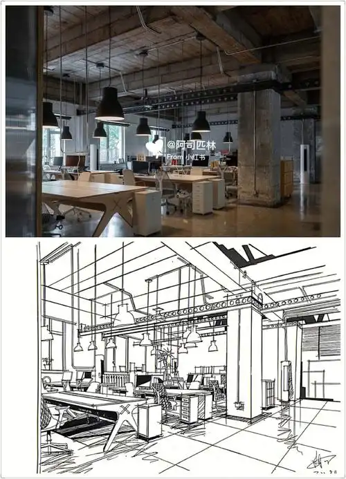 两点透视办公空间照片写生线稿表达