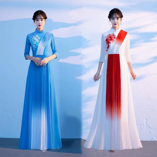 红歌大合唱演出服装女长裙中国风礼服朗诵指挥服合唱团舞台表演服