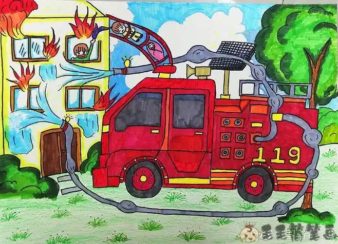 消防车儿童美术画,消防车儿童画画图片 - 毛毛简笔画