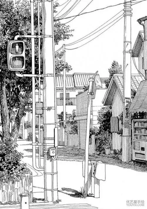 城市街道建筑风景钢笔速写作品图片画风很硬朗