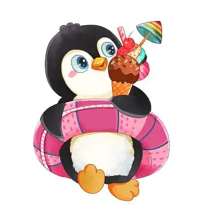 夏天卡通动物企鹅吃冰激凌甜品拟人水彩画夏天夏日夏季