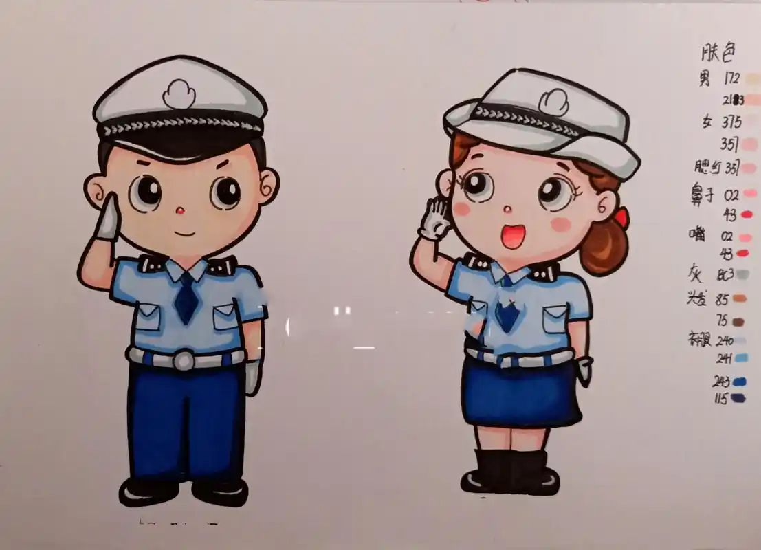 简笔画 单个人物 警察 常用人物动态 工具 94勾线笔 高光笔99樱花