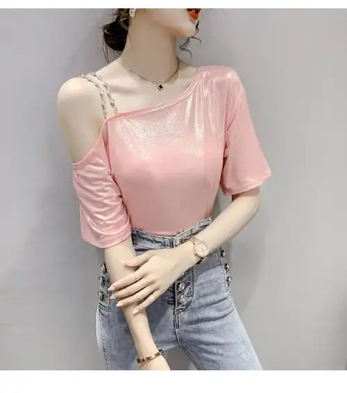 一字肩性感雪纺吊带上衣露肩膀的短袖女款夏季斜领漏锁骨中袖衫t恤