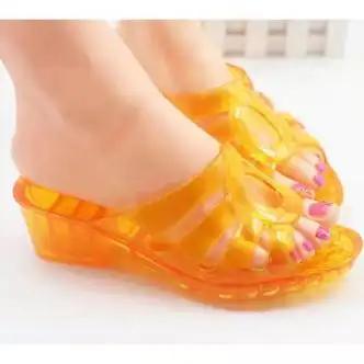 千缇姿坡跟拖鞋女夏季外穿凉厚底网红浴室水晶鞋时塑料沙滩凉拖桔色36