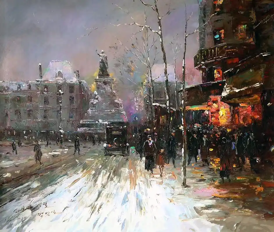 油画风景:灯火阑珊的街市. 转载自百家号作者:8彩虹画室
