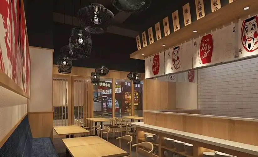 以原木色为主,融入日式风,打造日式拉面的风格