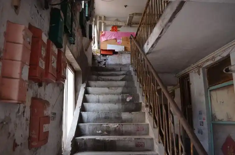 七层的筒子楼,青灰色的水泥墙,一排排的邮箱藏在门后的阴影里,楼道很