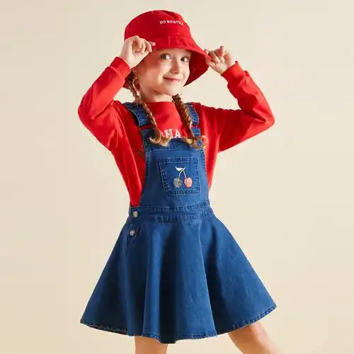 笛莎2019春季新款童装中大童裙子女童樱桃贴布绣牛仔背带裙